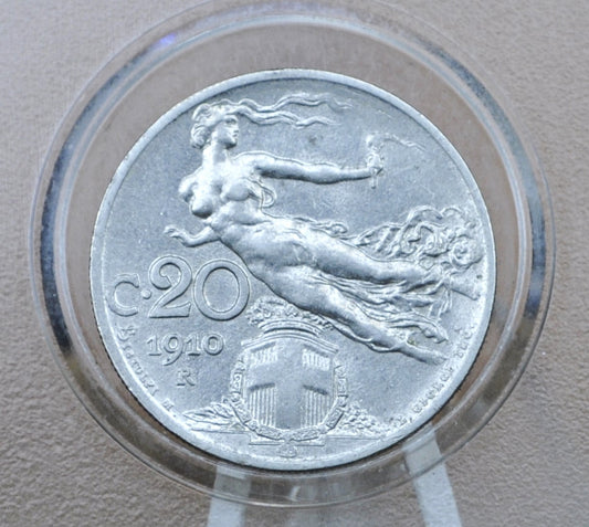 1910 Italian 20 Centesimi Coin - Vittorio Emanuele III - C.20 - AU Grade / Condition; Beautiful Design & Artwork - Italy 20 Centesimi