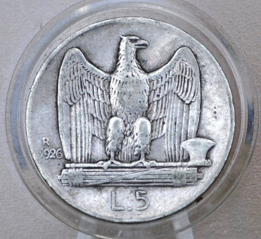 1926 Italian 5 Lira Silver Coin - Five Lira 1926 - High Grade, XF (Extremely Fine) Condition; Rarer Coin - Beautiful Design & Artwork - Italy Silver