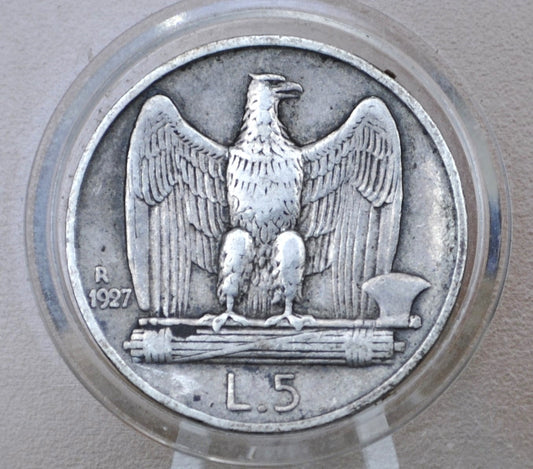 1927 Italian 5 Lira Silver Coin - Five Lira 1927 - High Grade, XF (Extremely Fine) Condition - Beautiful Design & Artwork - Italy Silver
