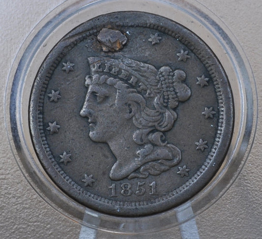 1851 Braided Hair Half Cent - VF Details, Plugged - Braided Hair Half Cent - 1851 Half Penny