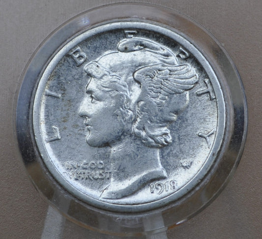 1918-S Mercury Dime - AU (About Uncirculated) - San Francisco Mint - 1918 S Mercury Head Dime - 1918 S Winged Liberty Head Dime