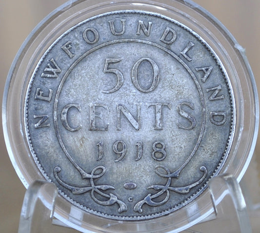 1918 Newfoundland 50 Cents - VF (Very Fine) Grade / Condition - King George V - Fifty Cents Newfoundland 1918 Silver - Silver Half Dollar 1918