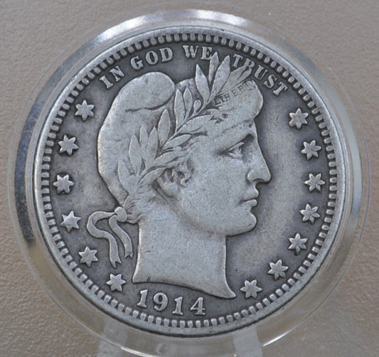1914-D Barber Silver Quarter - VF (Very Fine) Grade / Condition - Full Liberty Band - Denver Mint - 1914 D Barber Quarter 1914D Silver