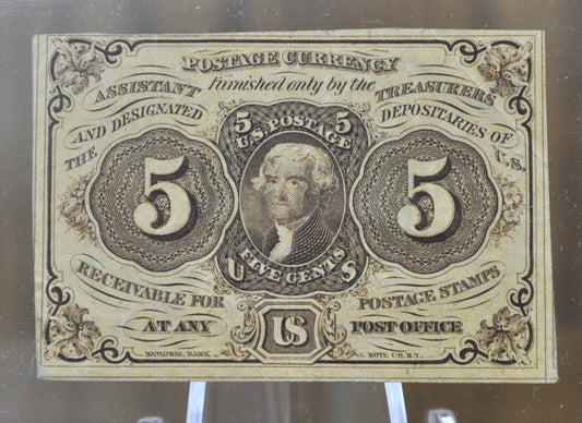 1st Issue Fractional Currency 5 Cents (Fr#1230) - XF (Extremely Fine) Grade / Condition - 1862 First Issue Fractional Note Number 1230, Authentic