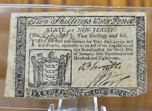 1781 State of New Jersey 2 Shillings 6 Pence January 9th 1781 - Continental Currency - Jan 14th 1779 2S 6d Note - NJ-195 - NJ 1/9/1781, Colonial Note