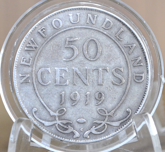 1919 Newfoundland 50 Cents - F (Fine) Condition - King George V - Fifty Cents Newfoundland 1919 Silver