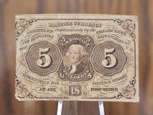1st Issue Fractional Currency 5 Cents (Fr#1230) - F (Fine) Grade / Condition - 1862 First Issue Fractional Note Number 1230, Authentic
