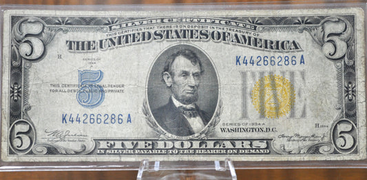 1934-A 5 Dollar Silver Certificate North Africa Yellow Seal - Fine Grade / Condition - 1934 North Africa Five Dollar Silver Cert 1934 Fr#2307