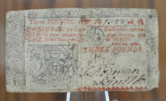 Very Rare 1761 State of New Jersey 3 Pound Note April 23rd 1761 - Continental Currency - NJ 3 Pound Note 1761 - NJ-145 - NJ 4/23/1761, Colonial Note