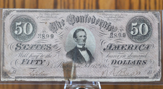 1864 Confederate States of America 50 Dollar Bill CS66 / T66- Civil War Issue Banknote - Confederate Fifty Dollar Bill - Jefferson Davis CS-66 / T-66