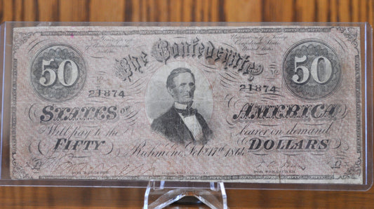 1864 Confederate States of America 50 Dollar Bill CS66 / T66- Civil War Issue Banknote - Confederate Fifty Dollar Bill - Jefferson Davis CS-66 / T-66