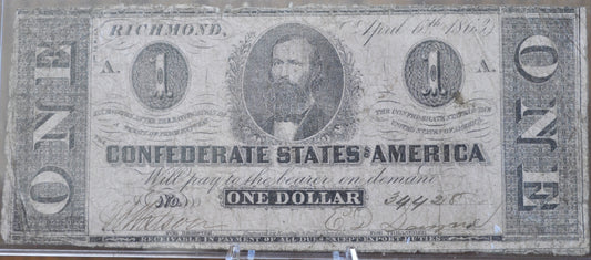1863 Confederate States of America 1 Dollar Bill - T62 / CS62 - Civil War Issue Banknote - Confederate One Dollar Bill - T-62 / CS-62