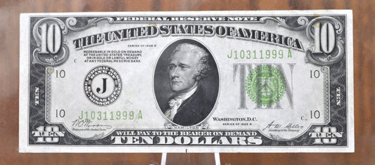 1928-B 10 Dollar Federal Reserve Note Fr#2002-J - CU (Choice Unc.) Grade / Condition - Kansas City - 1928 Ten Dollar Bill Fr#2002-J / Fr2002J Redeemable In Gold