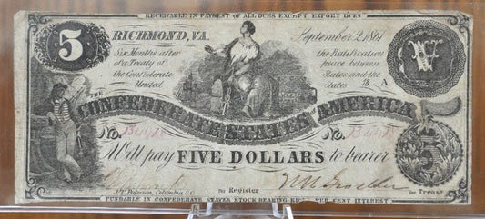 1861 Confederate States of America 5 Dollar Bill CS36/T36- Civil War Issue Banknote - Confederate Five Dollar Note- T-36 / CS-36, Rarer Note