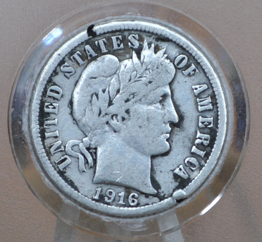 1916 Barber Silver Dime - Fine Details with Rim Dent - Philadelphia Mint - 1916P Dime