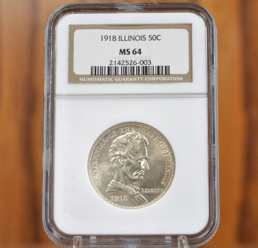 1918 Illinois Centennial Silver Commemorative Half Dollar - NGC MS64 (Choice Unc.) - Lincoln Commemorative Half 1918 Illinois