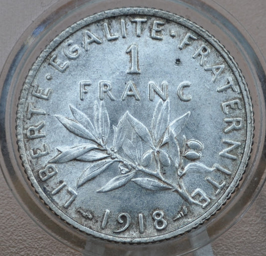 1918 French 1 Franc Coin - BU (Uncirculated) - WWI Era Silver Franc - France Silver 1 Franc Coin - 1918 One Franc