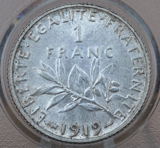 1919 French 1 Franc Coin - BU (Uncirculated) - WWI Era Silver Franc - France Silver 1 Franc Coin - 1919 One Franc