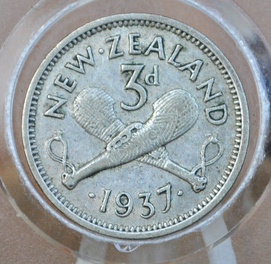 1937 New Zealand Silver Threepence - Great Condition - 50% Silver - 1937 New Zealand Six pence 3 Pence