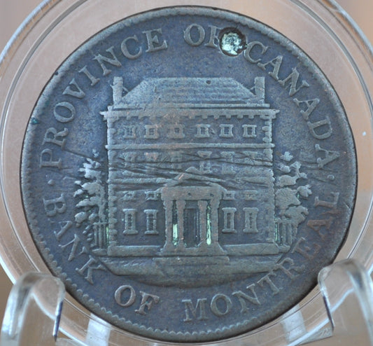 1844 Bank Token Half Penny Lower Canada - Good Detail, Damaged - 1/2 Penny Bank Token 1844 Bank of Montreal Canadian Bank Token