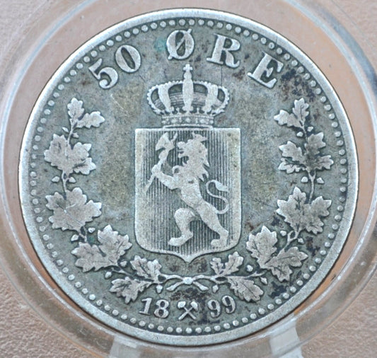 1899 Norway Silver 50 Ore Coin - Rare Date and Low Mintage, Only 200,000 made - Great Condition / Detail - Norwegian 50 Ore 1899 Silver