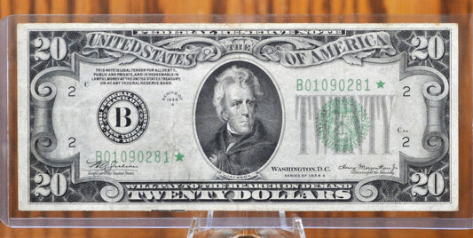 1934-A Star Note 20 Dollar Federal Reserve Note Star Note - VF+ (Very-Extremely Fine) Grade - Green Seal 1934 Twenty Dollar Bill Fr#2055-B*