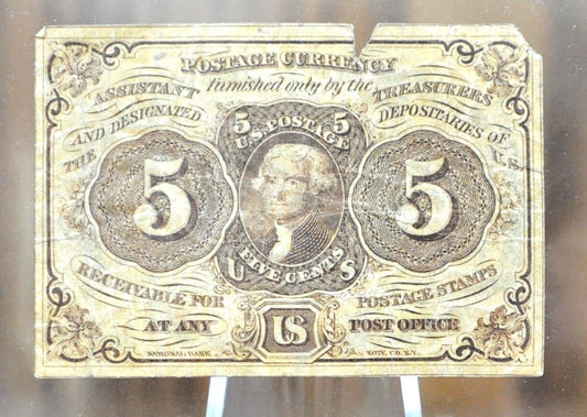 1st Issue Fractional Currency 5 Cents (Fr#1230) - VF with tear - 1862 First Issue Fractional Note Number 1230, Authentic