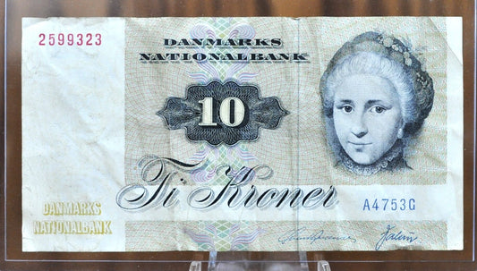 1972 Denmark 10 Kroner Banknote - VF/XF - Ten Kroner (Ti Kroner) Note From 1972 - Queen Margaret, Duck Reverse