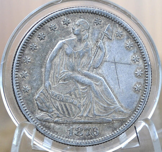 1876 Seated Liberty Half Dollar - AU Details, scratched, toned, mint luster visible - 1876 Liberty Seated Silver Half Dollar - Authentic