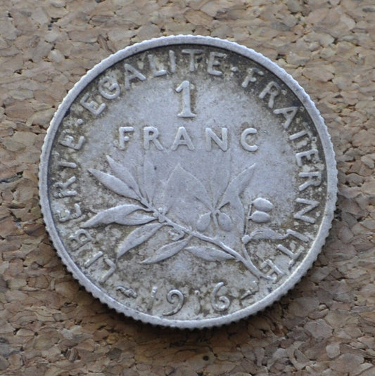 1916 French 1 Franc Coin - Silver Franc - WWI Era - France Silver 1 Franc Coin - 1916 One Franc