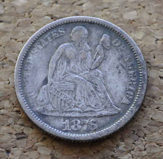 1876 Seated Liberty Dime  - F (Fine) to VF (Very Fine) - Toned - 1876 Silver Dime / 1876 US Dime