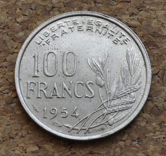 1954 French 100 Francs Coin - BU (Uncirculated) One Hundred Franc Coin 1954 France - Copper Nickel - Mint Luster - High Grade