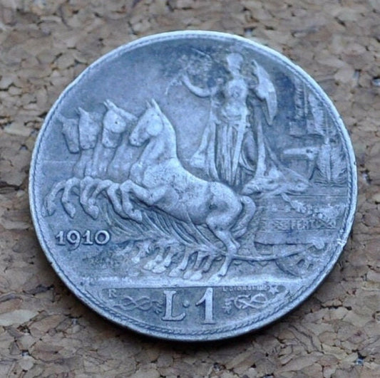 1910 L.1 Italian Silver Coin - 1 Lira - High Grade - XF (Extremely Fine) Condition; Rarer Coin - Beautiful Design & Artwork - Italy Silver