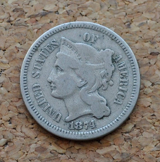 1874 Three Cent Nickel US Coin - F (Fine) Grade / Condition - Civil War Era - 3 Cent Nickel 1874