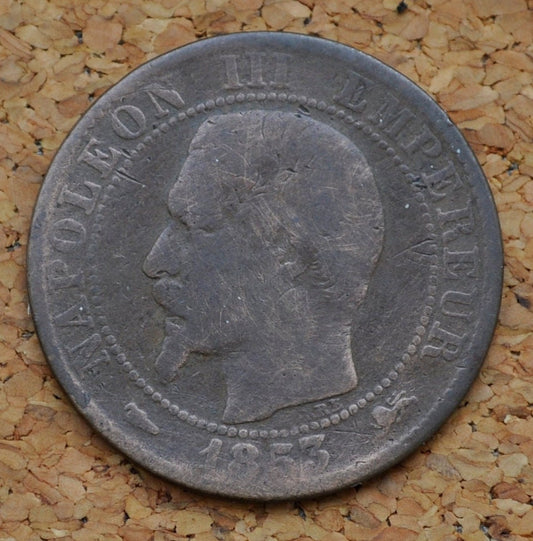 1853 French 5 Centimes Coin-  Cinq Centimes 1853-D France - Very Good Grade - Napoleon III - Great Old Coin from France Coin 1853-D, Paris