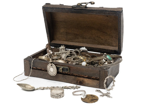 Treasure Chest Filled with Real Silver Jewelry, Old and Ancient Coins, Silver Coins, Semi-Precious Stones, Amulets and More! - Great Gift!