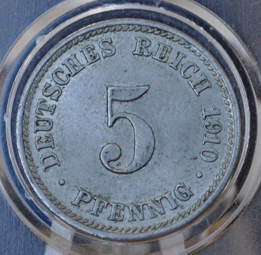 1910 German 5 Pfennig Deutsches Reich  - AU (About Uncirculated) condition - Second Reich of Germany 1910 German Coin - Five Pfennig 1910 D
