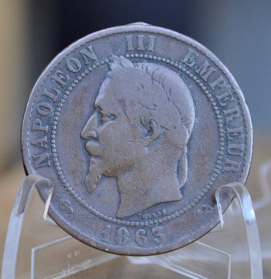 1863 French 10 Centimes Coin - F (Fine) Grade / Condition - Dix Centimes 1863-K France - Napoleon III
