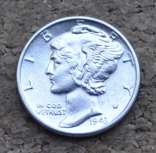 1943 Mercury Dime - BU (Uncirculated) - Philadelphia Mint - 1943 Liberty Head Dime - 1943 Winged Liberty Silver Dime - 1943P Dime - MS-60