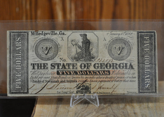 1862 The State of Georgia 5 Dollar Paper Banknote - VG Condition, one split - Rarer Find, Obsolete Currency - Five Dollar Bill 1862 Georgia