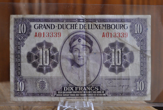1944 Grand Duché De Luxembourg Dix Francs Paper Note - VF (Very Fine) - WWII Era Bank Note - Grand Duché De Luxembourg Ten Francs Banknote