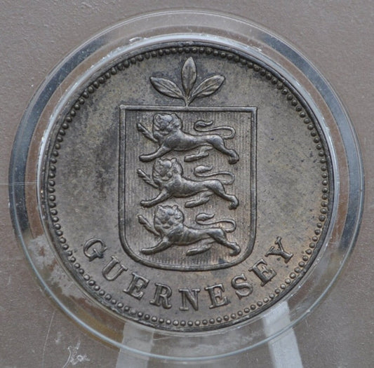 1889 Guernsey 1 Double - AU (About Uncirculated) Grade / Condition - Rarer Coin, low mintage of what is known - One Double 1889 Guernsey