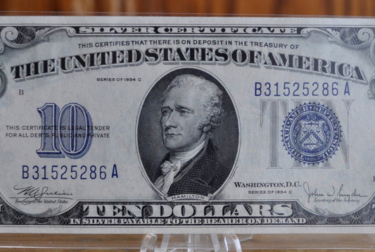1934-C 10 Dollar Silver Certificate - CU (Choice Uncirculated) Grade / Condition - Blue Seal 1934 C Ten Dollar Silver Cert - Fr#1704, Fr1704
