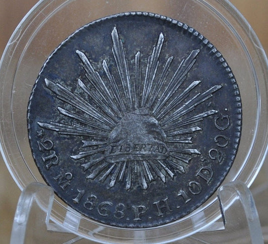1868 Silver 2 Reales Mo PH Mexico - XF (Extremely Fine) Grade / Condition - Mexican Two Reales 1868 Silver Mexican Coin, 90% Silver, MO P.H.