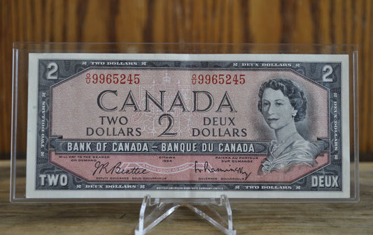 1954 Canadian 2 Dollar Banknote - AU (About Uncirculated) - 1954 Canadian Two Dollar Banknote 1954 - Crisp Notes Canada 2 Dollar Bill 1954