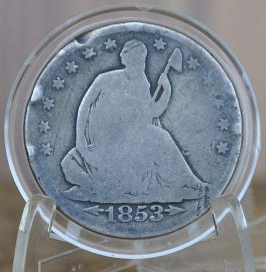 1853 Seated Liberty Half Dollar - G (Good) Grade / Detail, Dented Rim - 1853 P Liberty Seated Silver Half Dollar - Good Type Coin