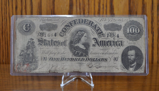 1864 Confederate States of America 100 Dollar Bill - Civil War Issue Banknote - Confederate One Hundred Dollar Bill -CS-65/T-65 Lucy Pickens