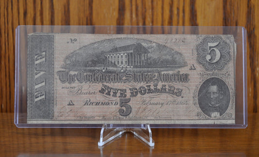 1864 Confederate States of America 5 Dollar Bill - Civil War Issue Banknote - Confederate Five Dollar Bill - Richmond Capitol, T-69 / CS-69