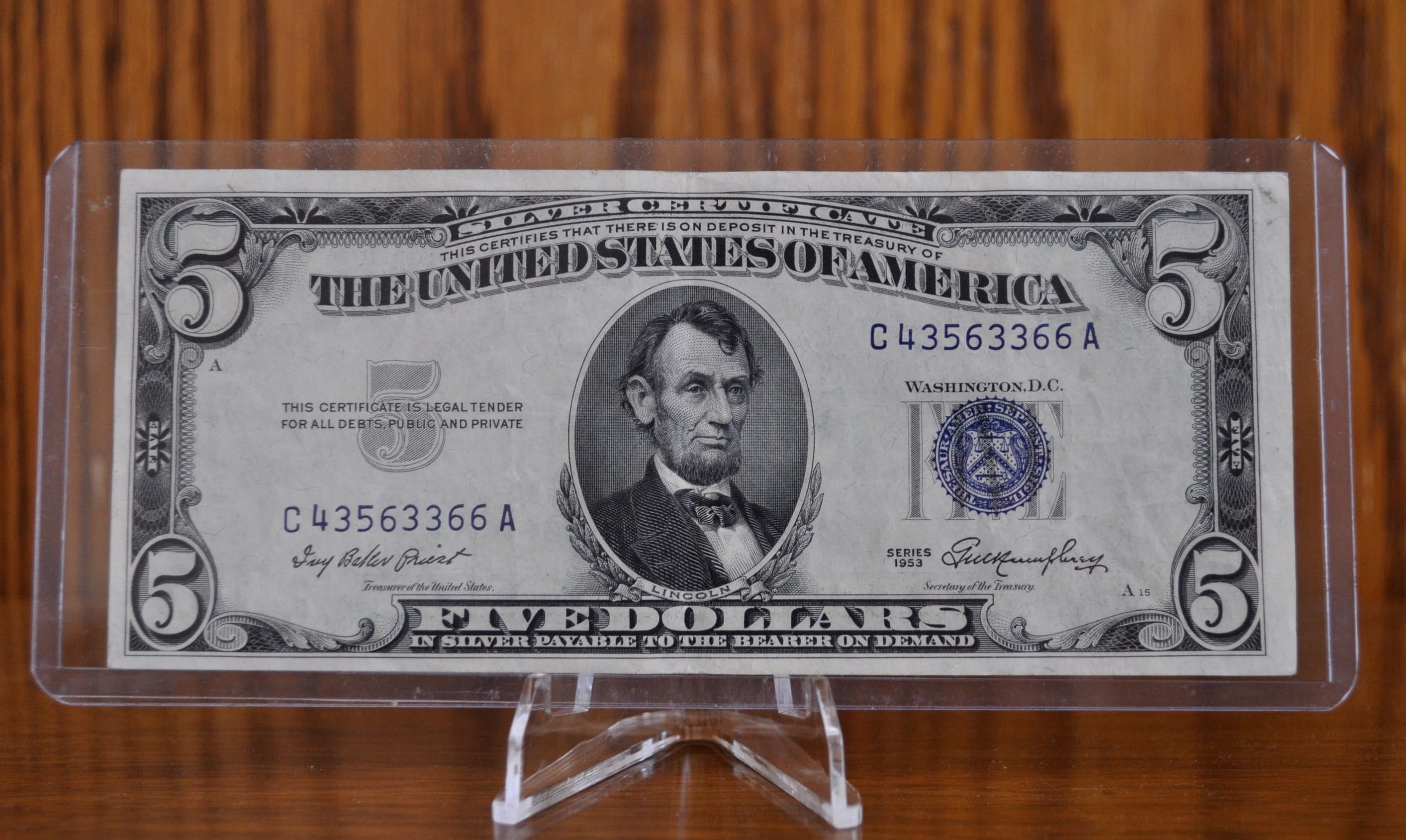 1953 Blue Seal 5 Dollar Bill 1953 Five Dollar Silver Certificate C 1953-blue-seal-5-dollar-bill-1953-five-dollar-silver-certificate-c