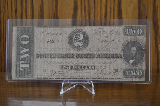 1864 Confederate States of America 2 Dollar Bill - Civil War Issue Banknote - Confederate 2 Dollar Bill - Judah P. Benjamin, T-70 / CS-70